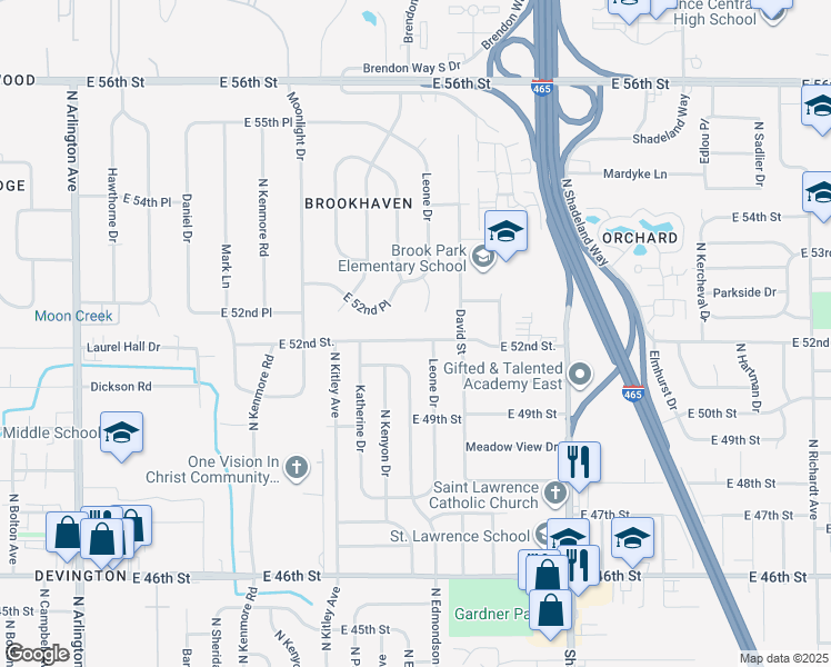 map of restaurants, bars, coffee shops, grocery stores, and more near 6724 52nd Street in Indianapolis