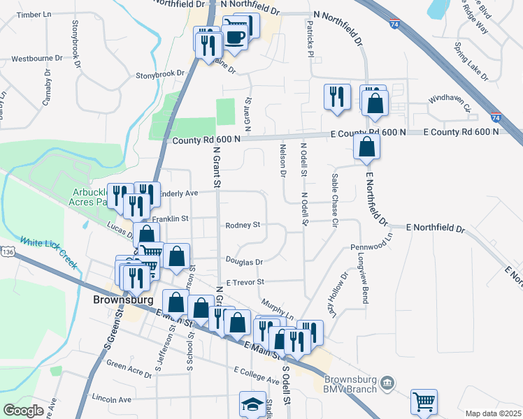 map of restaurants, bars, coffee shops, grocery stores, and more near 507 Enderly Avenue in Brownsburg