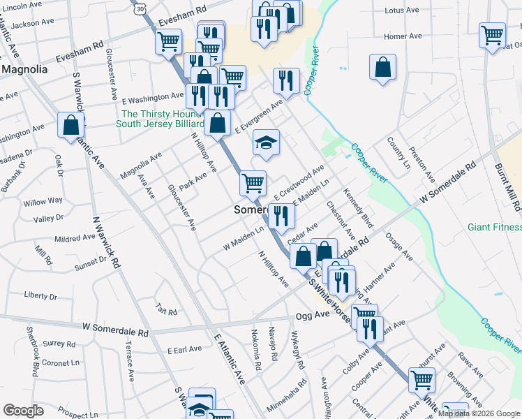 map of restaurants, bars, coffee shops, grocery stores, and more near in Somerdale