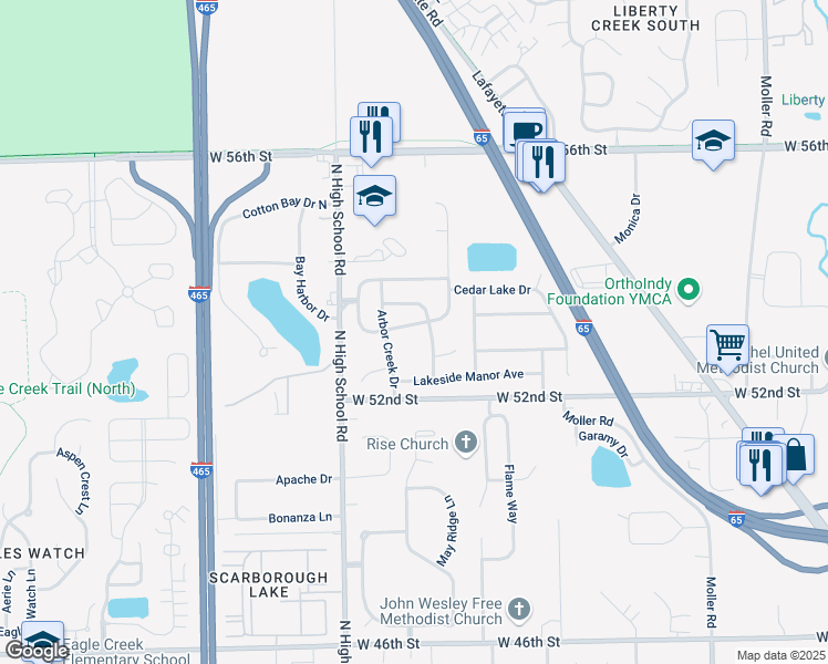 map of restaurants, bars, coffee shops, grocery stores, and more near 6113 Patoka Lake Drive in Indianapolis