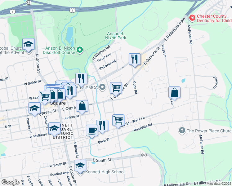map of restaurants, bars, coffee shops, grocery stores, and more near 601 East Cypress Street in Kennett Square