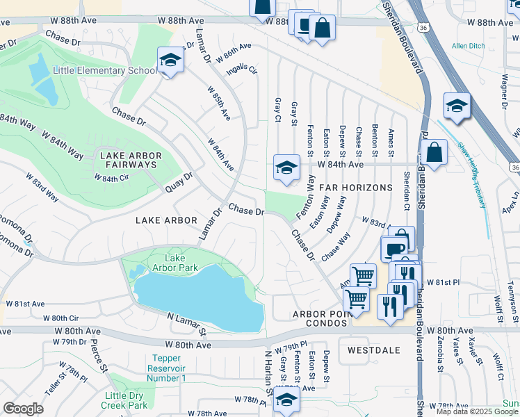 map of restaurants, bars, coffee shops, grocery stores, and more near 6040 West 83rd Place in Arvada