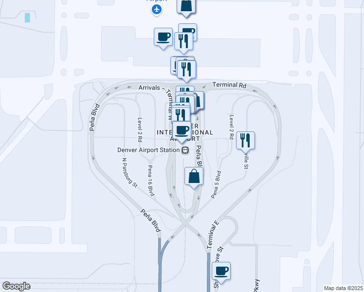 map of restaurants, bars, coffee shops, grocery stores, and more near 8300 Peña Boulevard in Denver