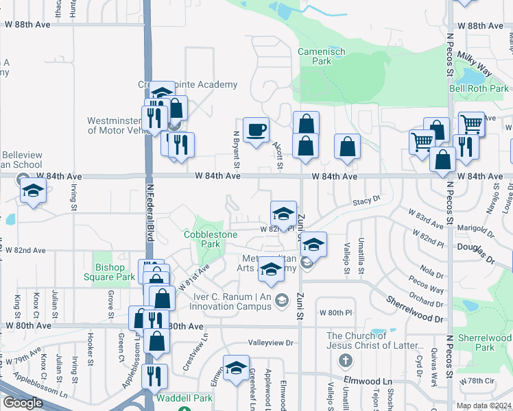 map of restaurants, bars, coffee shops, grocery stores, and more near 2590 West 83rd Way in Westminster