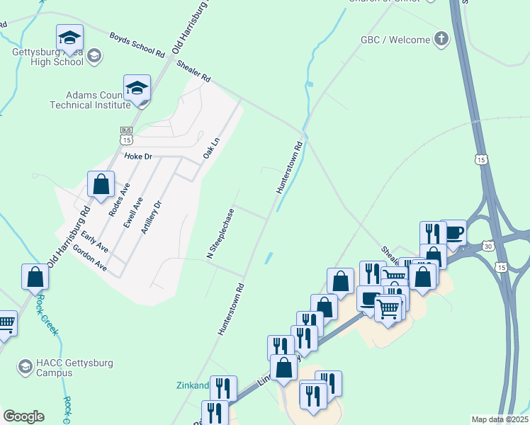map of restaurants, bars, coffee shops, grocery stores, and more near 1 Fox Trail in Gettysburg
