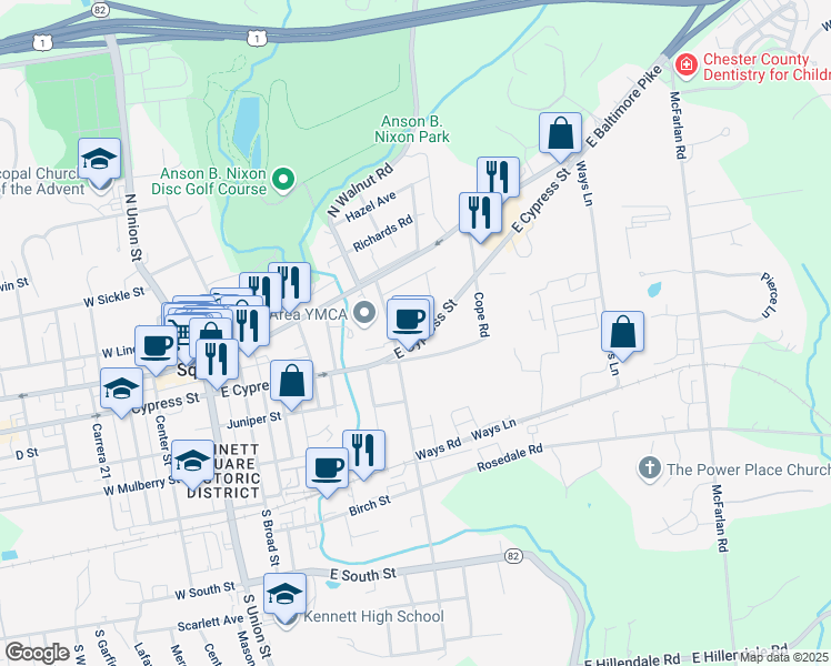 map of restaurants, bars, coffee shops, grocery stores, and more near 601 East Cypress Street in Kennett Square