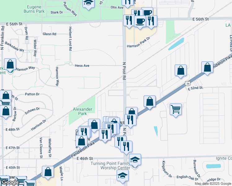 map of restaurants, bars, coffee shops, grocery stores, and more near 8886 Brigadier Drive in Lawrence