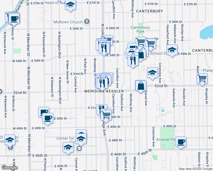 map of restaurants, bars, coffee shops, grocery stores, and more near 5215 North College Avenue in Indianapolis