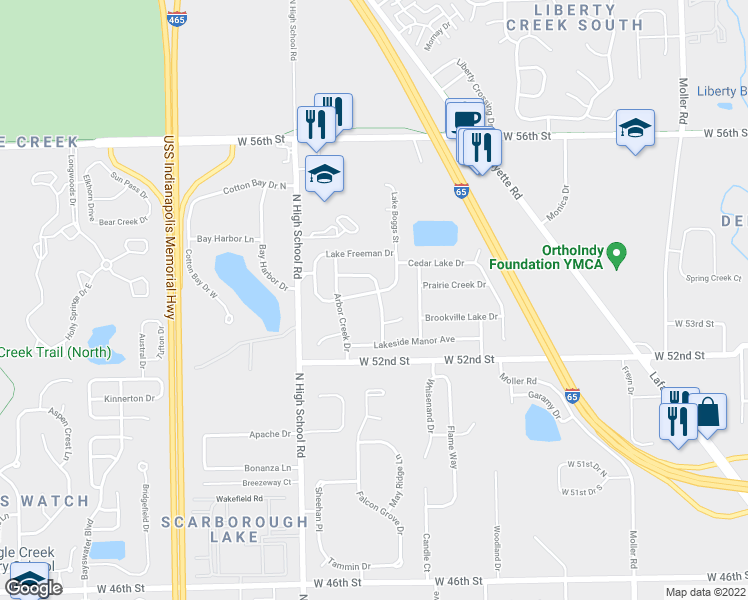 map of restaurants, bars, coffee shops, grocery stores, and more near 6113 Patoka Lake Drive in Indianapolis