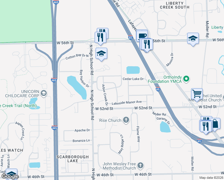 map of restaurants, bars, coffee shops, grocery stores, and more near 6113 Patoka Lake Drive in Indianapolis