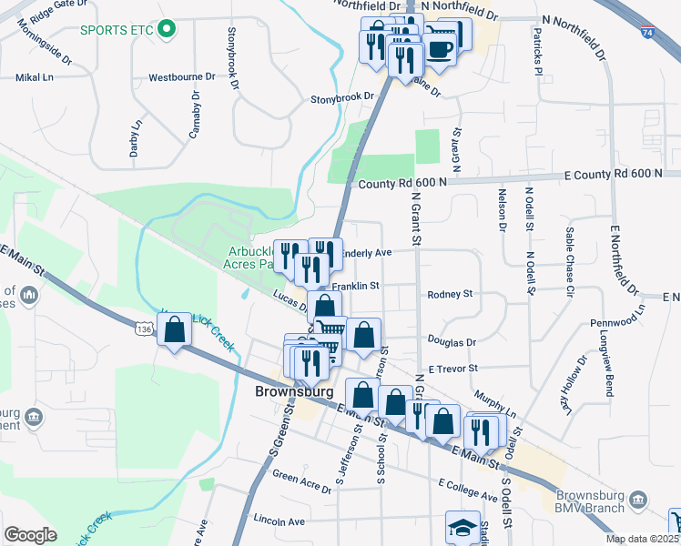 map of restaurants, bars, coffee shops, grocery stores, and more near 14 Franklin Street in Brownsburg