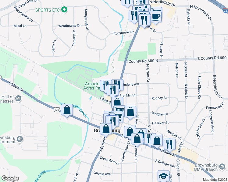 map of restaurants, bars, coffee shops, grocery stores, and more near 7249 Arbuckle Commons in Brownsburg