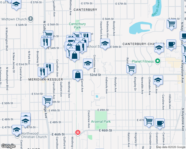 map of restaurants, bars, coffee shops, grocery stores, and more near in Indianapolis