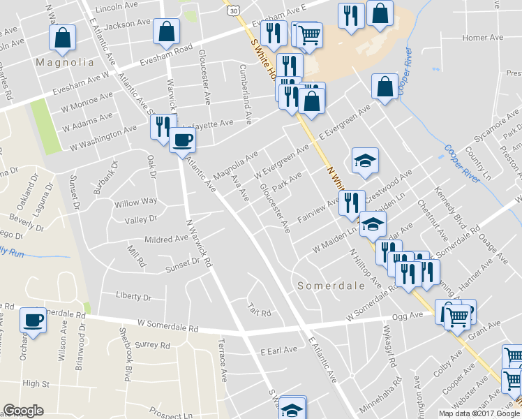 map of restaurants, bars, coffee shops, grocery stores, and more near 316 Garden Avenue in Somerdale