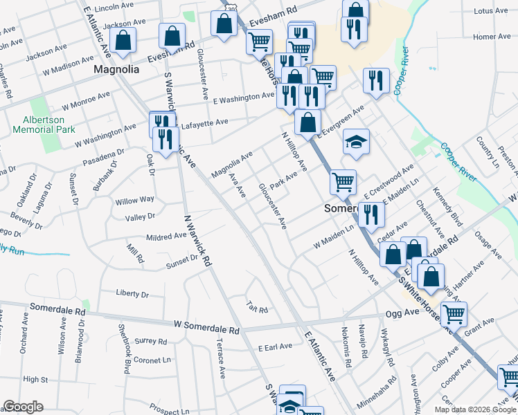 map of restaurants, bars, coffee shops, grocery stores, and more near 320 Garden Avenue in Somerdale