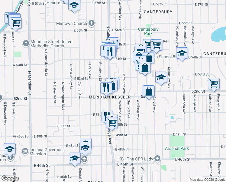 map of restaurants, bars, coffee shops, grocery stores, and more near 5215 North College Avenue in Indianapolis