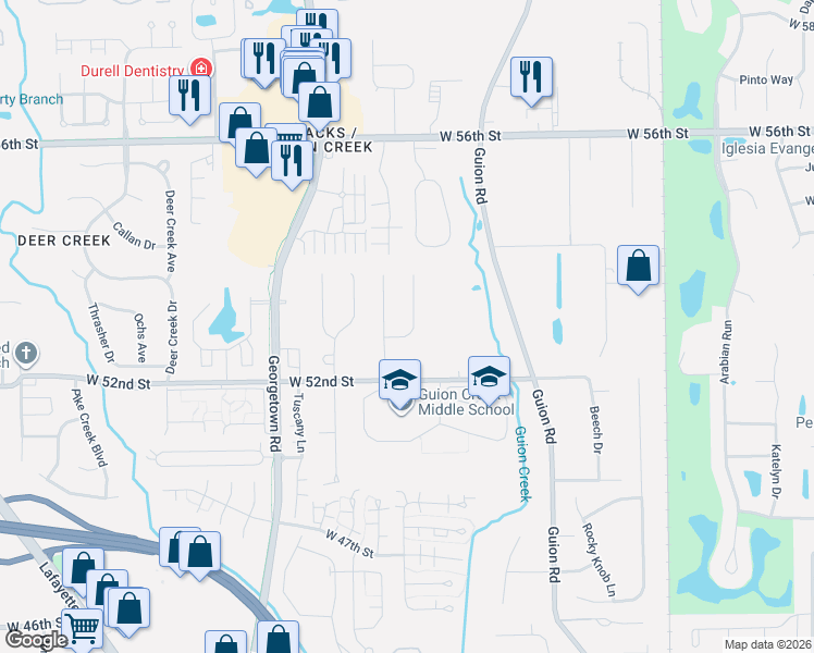 map of restaurants, bars, coffee shops, grocery stores, and more near 5248 Telford Court in Indianapolis