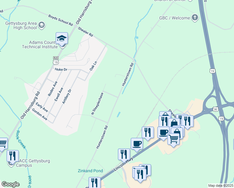 map of restaurants, bars, coffee shops, grocery stores, and more near 1 Fox Trail in Gettysburg
