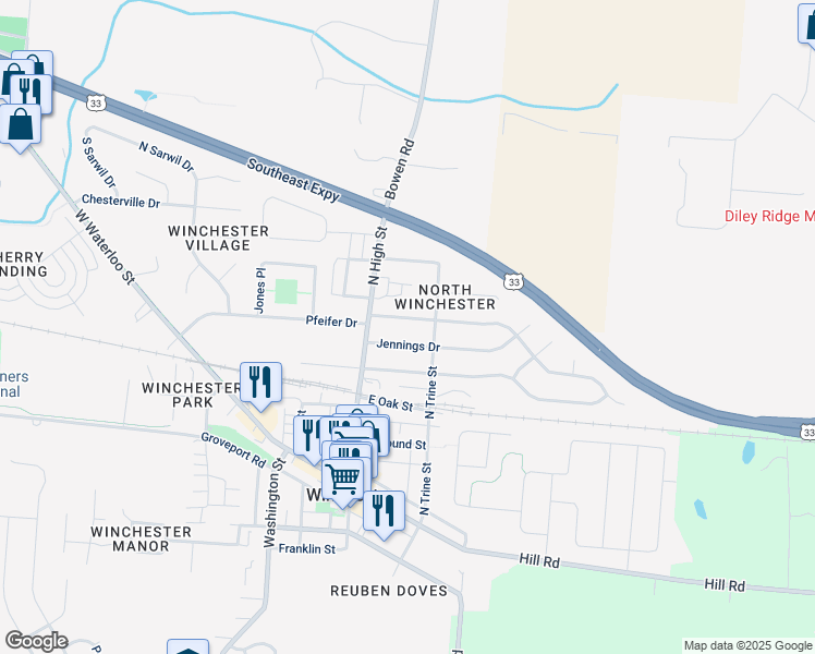 map of restaurants, bars, coffee shops, grocery stores, and more near 73 Kramer Street in Canal Winchester