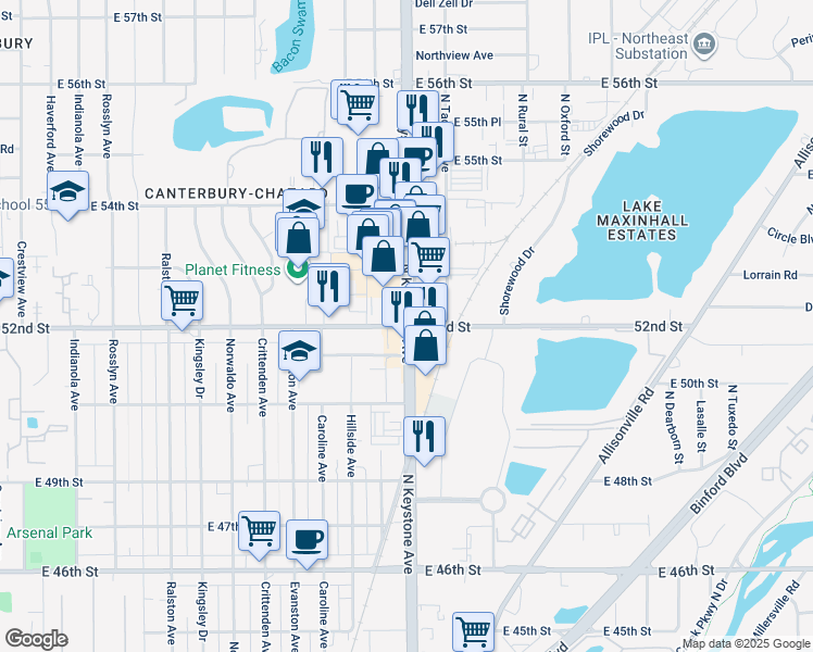 map of restaurants, bars, coffee shops, grocery stores, and more near N Keystone Ave & E 52nd St in Indianapolis