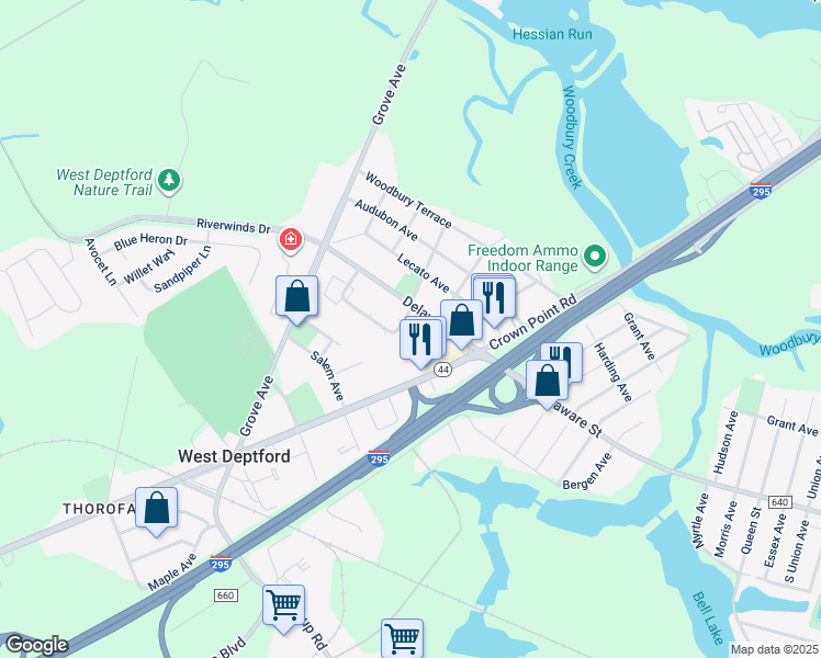 map of restaurants, bars, coffee shops, grocery stores, and more near 189 Delaware Street in West Deptford