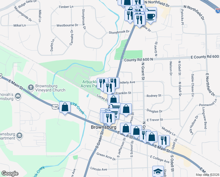 map of restaurants, bars, coffee shops, grocery stores, and more near 7249 Arbuckle Commons in Brownsburg