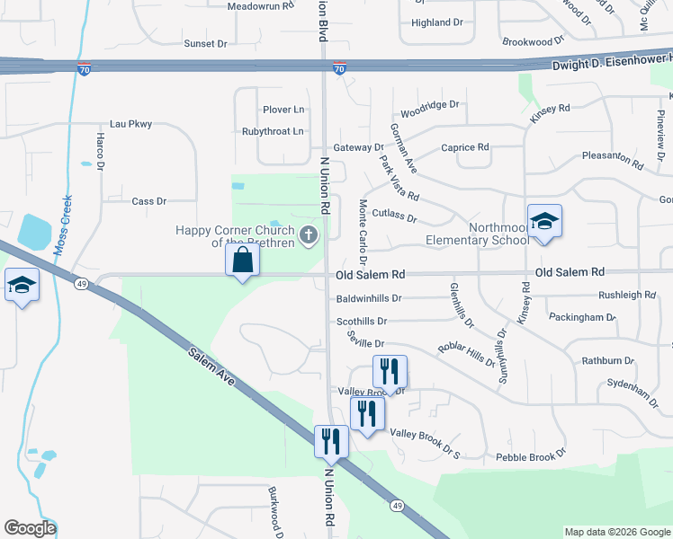 map of restaurants, bars, coffee shops, grocery stores, and more near 4981 Old Salem Road in Englewood