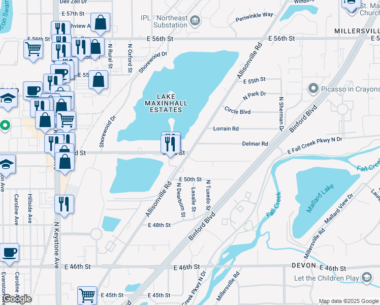map of restaurants, bars, coffee shops, grocery stores, and more near Allisonville Rd & E 52nd St in Indianapolis