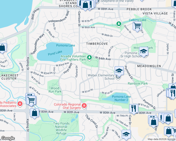 map of restaurants, bars, coffee shops, grocery stores, and more near 8314 Field Court in Arvada