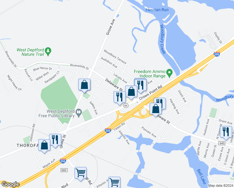 map of restaurants, bars, coffee shops, grocery stores, and more near 181 Delaware Street in West Deptford