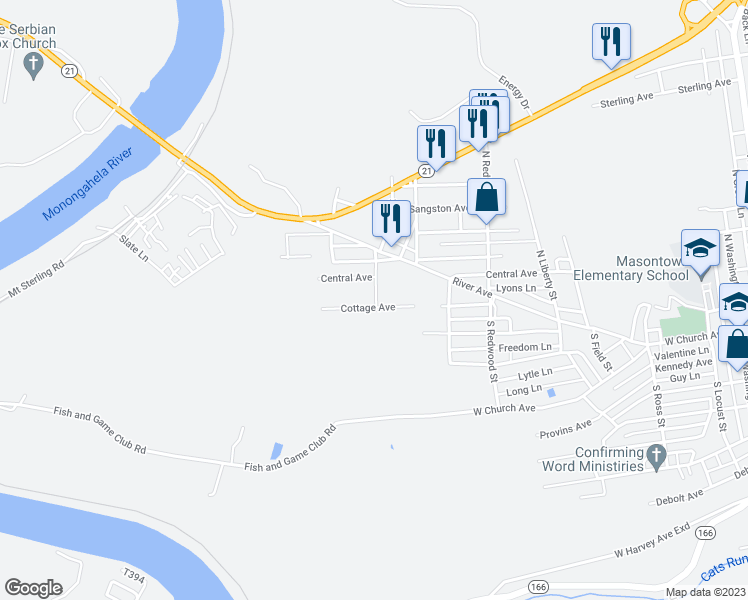 map of restaurants, bars, coffee shops, grocery stores, and more near 300 Cottage Ave in Masontown