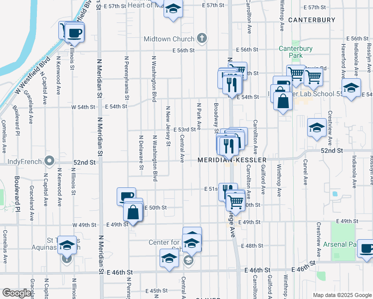 map of restaurants, bars, coffee shops, grocery stores, and more near 5225 Central Avenue in Indianapolis