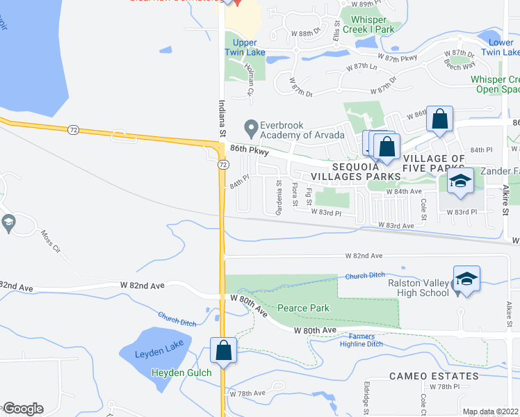 map of restaurants, bars, coffee shops, grocery stores, and more near 8343 Gladiola Street in Arvada