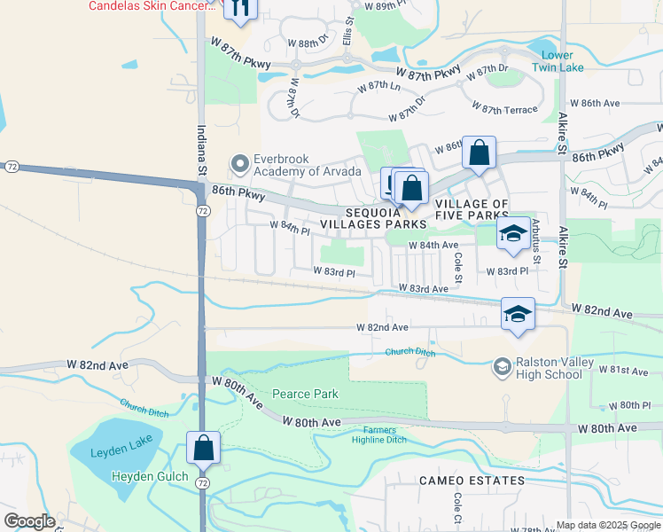 map of restaurants, bars, coffee shops, grocery stores, and more near 14121 West 83rd Place in Arvada