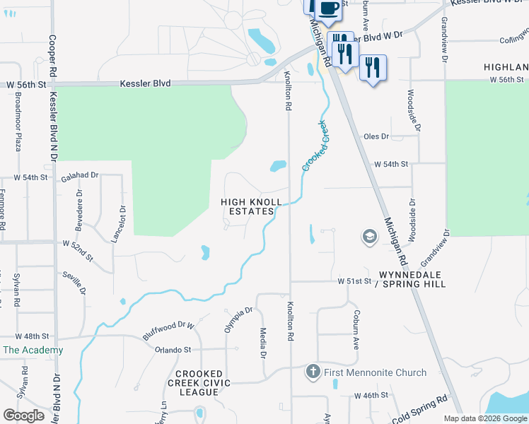 map of restaurants, bars, coffee shops, grocery stores, and more near 5247 Roland Drive in Indianapolis