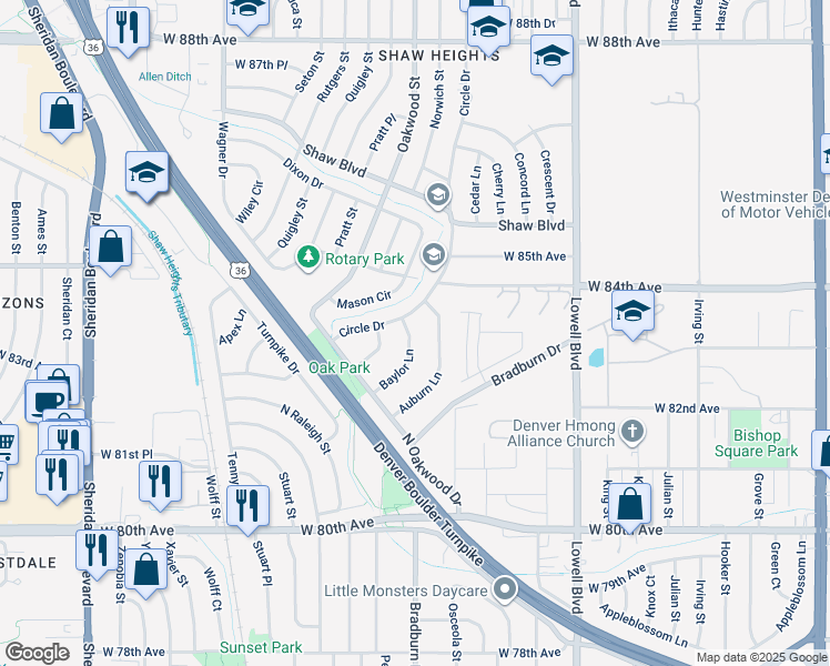 map of restaurants, bars, coffee shops, grocery stores, and more near 8310 Baylor Lane in Westminster