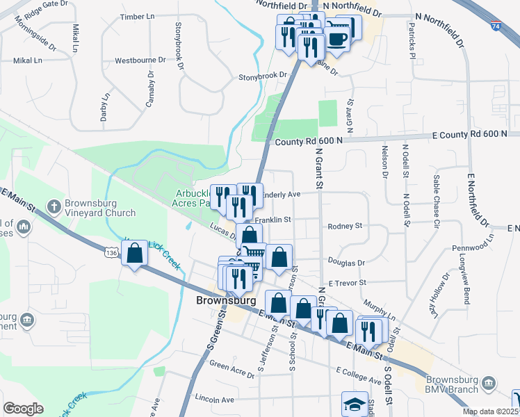 map of restaurants, bars, coffee shops, grocery stores, and more near 14 Franklin Street in Brownsburg