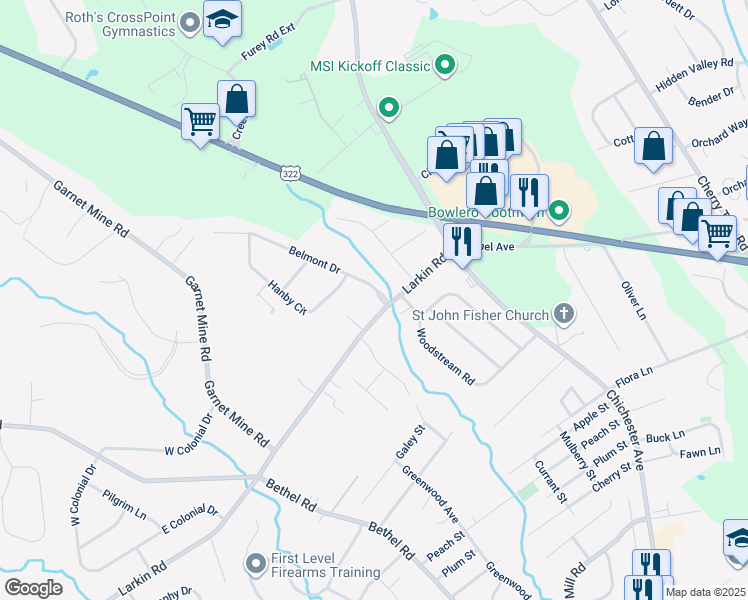 map of restaurants, bars, coffee shops, grocery stores, and more near 103 Belmont Drive in Boothwyn