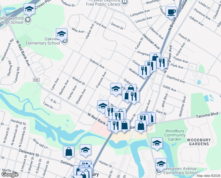 map of restaurants, bars, coffee shops, grocery stores, and more near 104 Chestnut Street in Woodbury