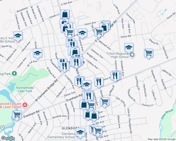 map of restaurants, bars, coffee shops, grocery stores, and more near 105 Washington Avenue in Runnemede