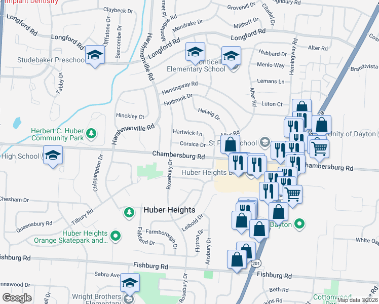 map of restaurants, bars, coffee shops, grocery stores, and more near 5931 Chambersburg Road in Dayton