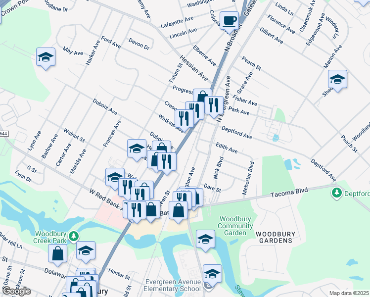 map of restaurants, bars, coffee shops, grocery stores, and more near 800 North Broad Street in Woodbury