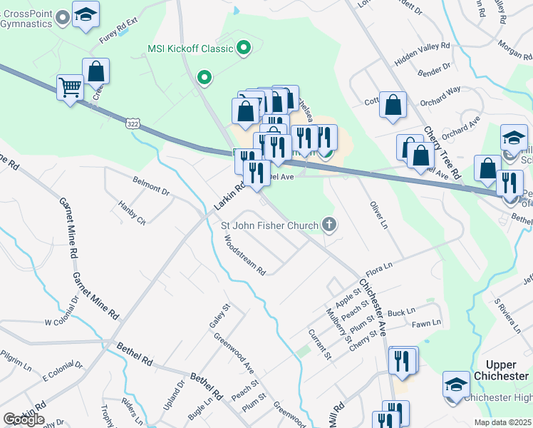 map of restaurants, bars, coffee shops, grocery stores, and more near 624 Haudie Ann Road in Boothwyn
