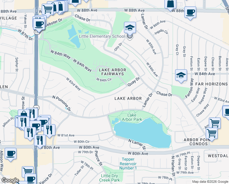 map of restaurants, bars, coffee shops, grocery stores, and more near 8368 Quay Drive in Arvada