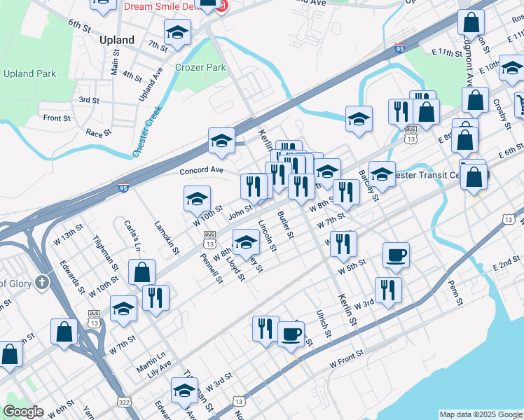 map of restaurants, bars, coffee shops, grocery stores, and more near 901 Lincoln Street in Chester