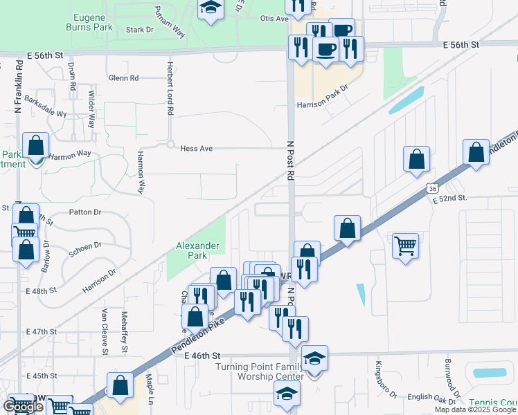 map of restaurants, bars, coffee shops, grocery stores, and more near 8876-8926 Brigadier Drive in Lawrence