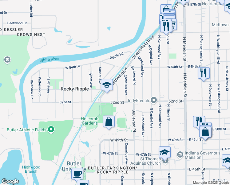 map of restaurants, bars, coffee shops, grocery stores, and more near 551 West Westfield Boulevard in Indianapolis