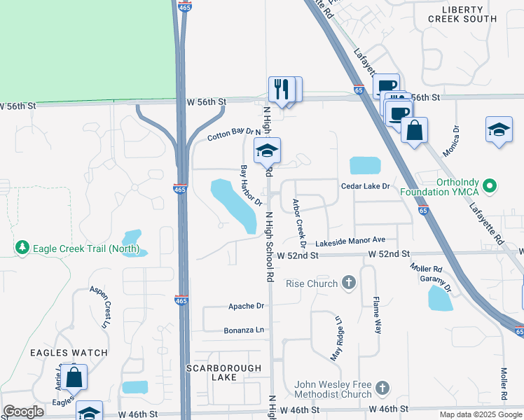 map of restaurants, bars, coffee shops, grocery stores, and more near 5316 Bay Harbor Drive in Indianapolis