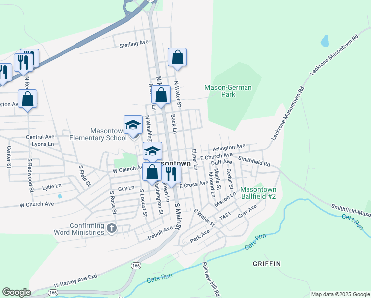 map of restaurants, bars, coffee shops, grocery stores, and more near 201 Spring Avenue in Masontown