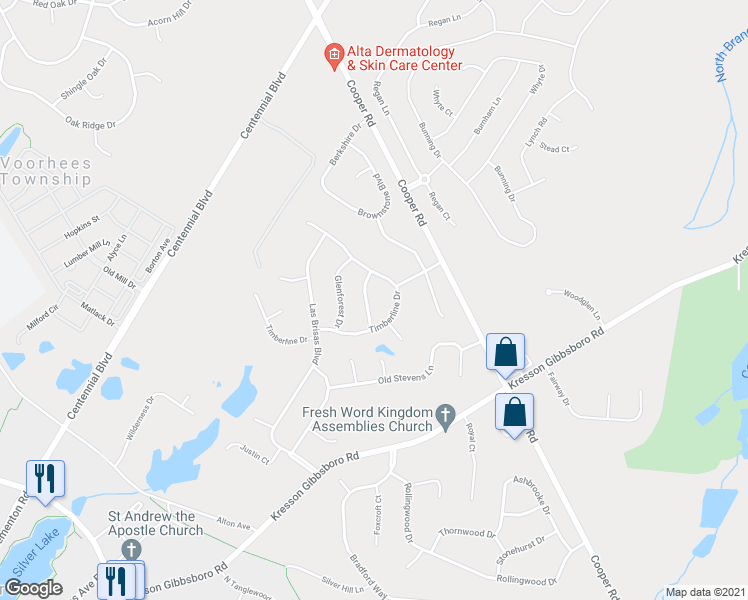 map of restaurants, bars, coffee shops, grocery stores, and more near 7 Morningside Lane in Voorhees Township